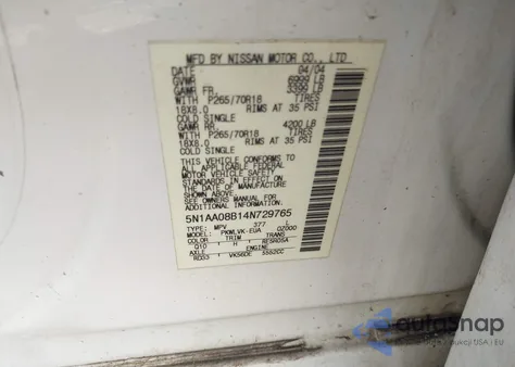 2004 Nissan Pathfinder Armada Le из США, поврежденный, VIN 5N1AA08B14N729765